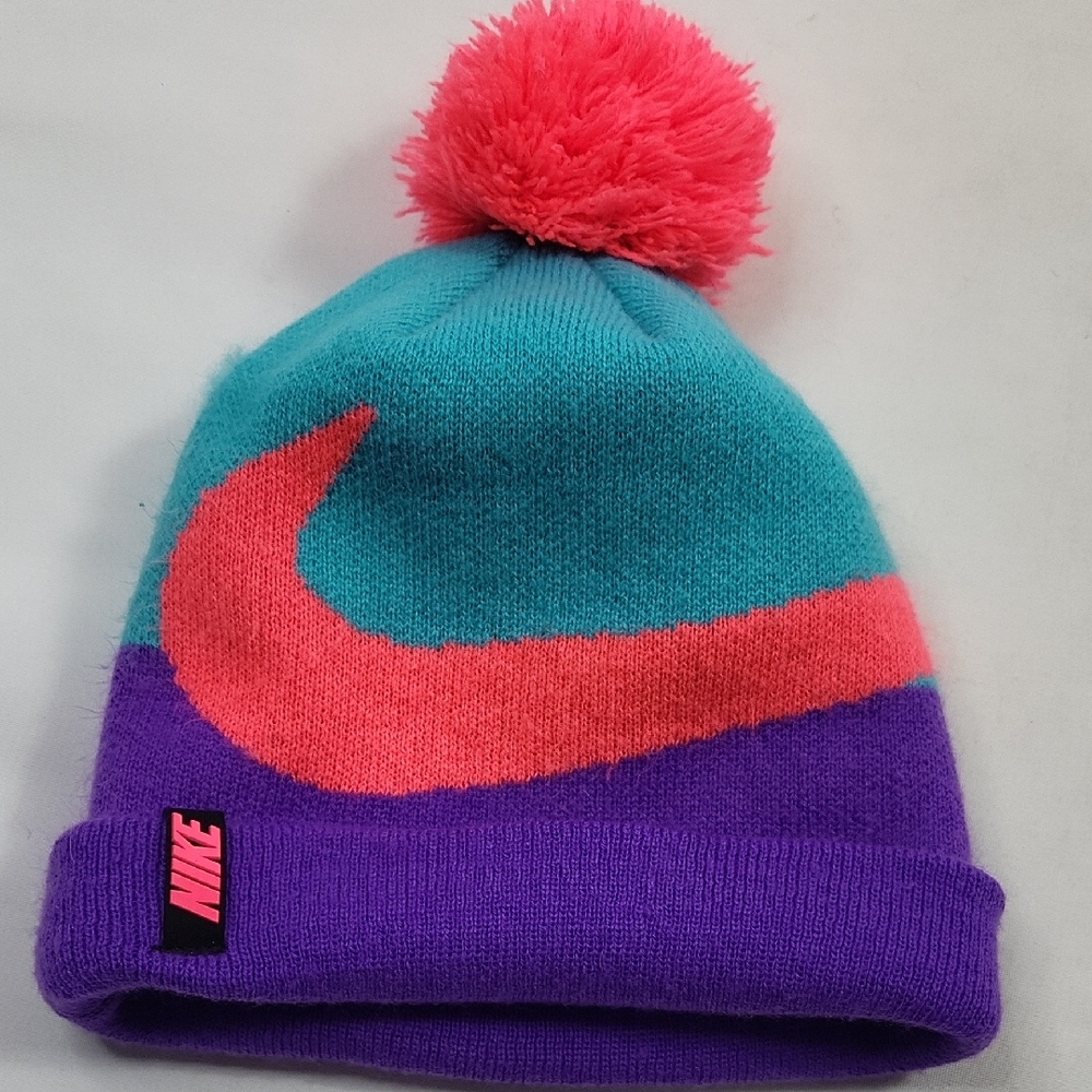 Nike Kids' Teal and Purple Beanie with Pink Pom-Pom